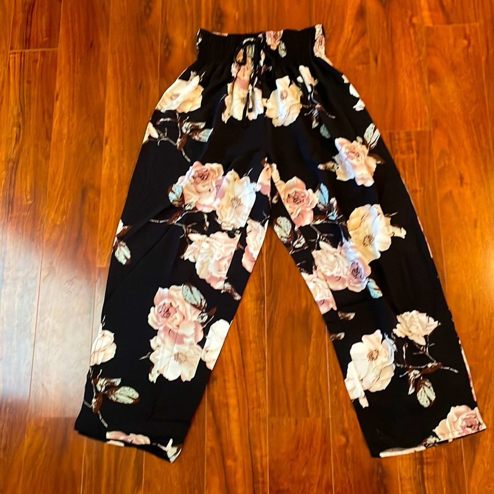 Wide leg pants—black with light pink flowers